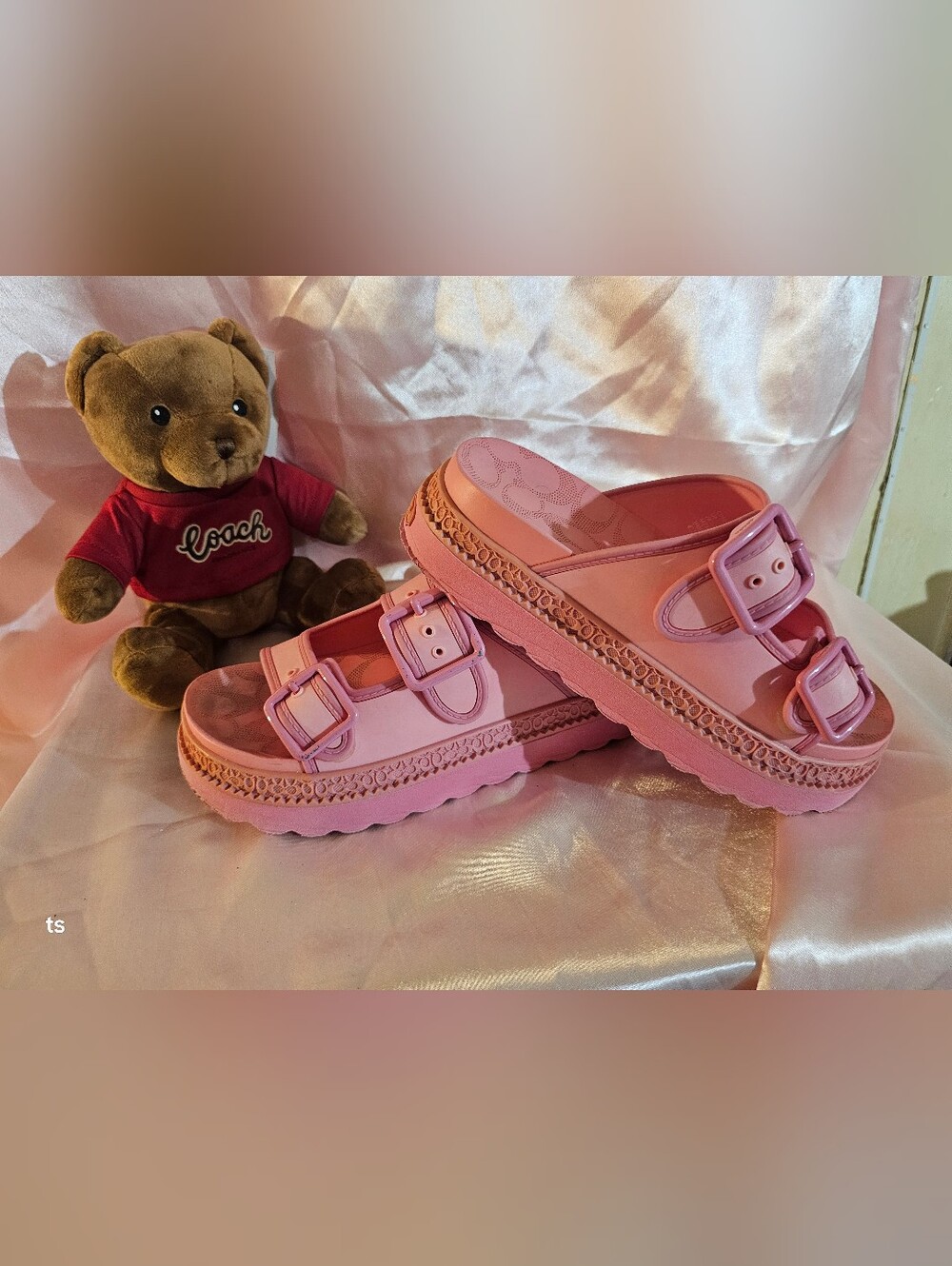 Coach Lainey Pink Double-Buckle Platform Slide Sandals